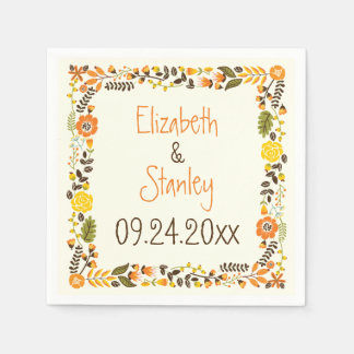 Vintage orange yellow floral border modern wedding paper napkins