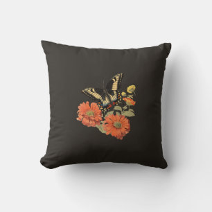 vintage orange yellow ivory black butterfly floral throw pillow