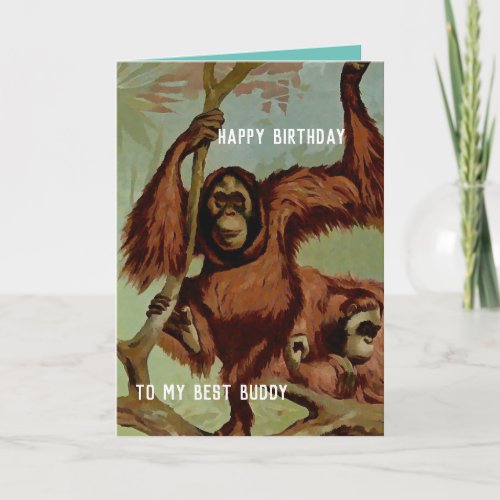 Vintage orangutans on a tree _  Happy Birthday Card