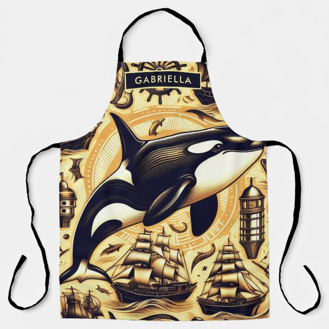 Vintage Orca Nautical Pattern Apron (Front)