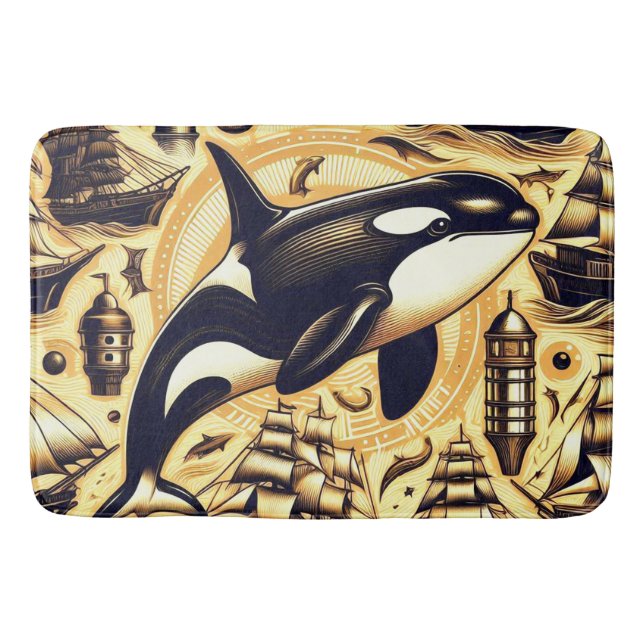 Vintage Orca Nautical Pattern Bath Mat (Front)