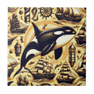 Vintage Orca Nautical Pattern Ceramic Tile