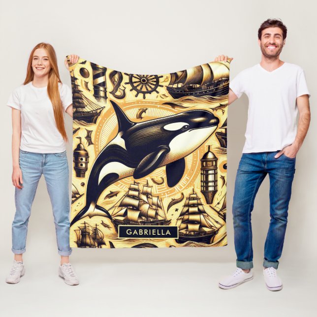Vintage Orca Nautical Pattern Fleece Blanket (In Situ)