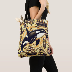 Vintage Orca Nautical Pattern Tote Bag