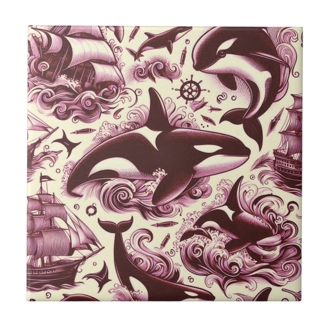 Vintage Orca Nautical Seamless Ceramic Tile (Front)