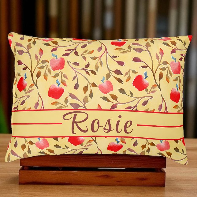 Vintage Orchard Red Apple Pattern  Pet Bed (Vintage red apple pet bed with name panel.)