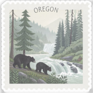 Vintage Oregon Black Bear Waterfall Forest Stamp Sticker