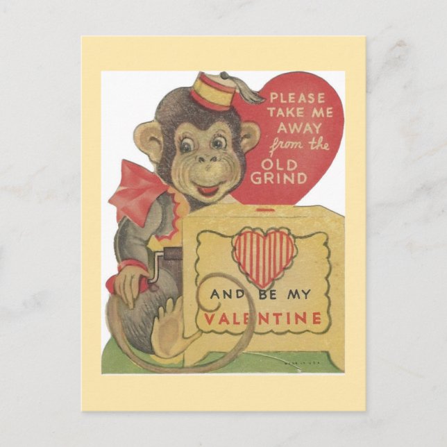 Vintage Organ Grinder Monkey Valentine Holiday Postcard (Front)
