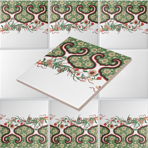 Vintage Oriental Chinese Floral Frieze Pattern Ceramic Tile