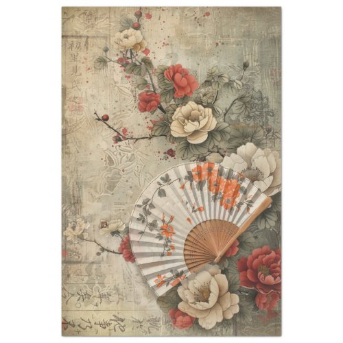 Vintage Oriental Fan  Floral Art Tissue Paper