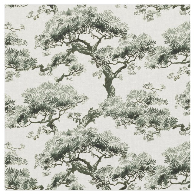 Vintage Oriental Japanese Bonsai Tree Pattern Fabric (Close Up)