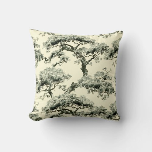 Vintage Oriental Japanese Bonsai Tree Pattern Throw Pillow