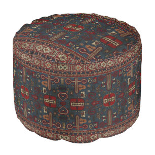 Vintage Oriental Red Slate Grey Persian Carpet Pouf