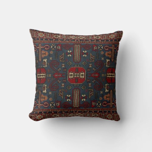 Vintage Oriental Red Slate Grey Persian Carpet Throw Pillow