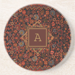 Vintage Oriental Rug Monogram Red Burgundy Gold Coaster