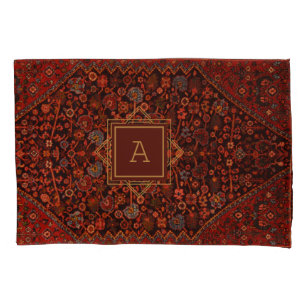 Vintage Oriental Rug Monogram Red Burgundy Gold    Pillow Case
