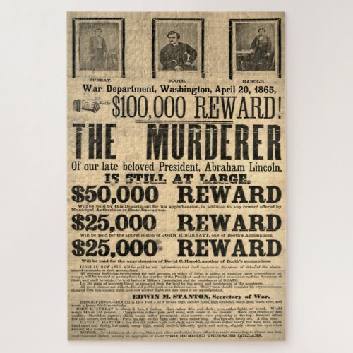 Vintage Original John Wilkes Booth Wanted Poster Jigsaw Puzzle
