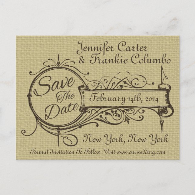 Vintage Ornament and Burlap Save The Date Announcement Postcard (Front)