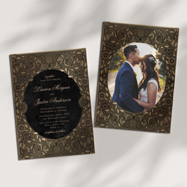 Vintage Ornament Gold Photo Wedding Invitation (Creator Uploaded)