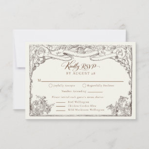 Vintage Ornamental Espresso Ivory Wedding RSVP Card