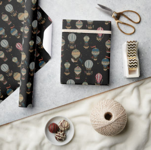 Vintage Ornamental Nighttime Hot Air  Balloons  Wrapping Paper