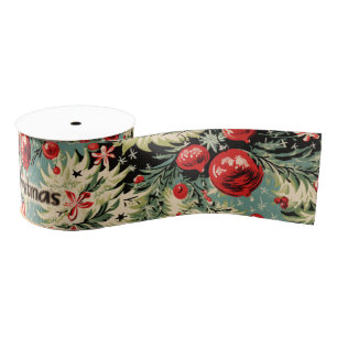 Vintage Ornaments & Christmas Florals On Soft Blue Grosgrain Ribbon