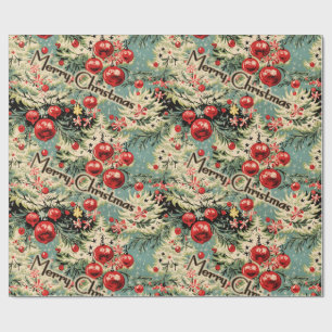 Vintage Ornaments & Christmas Florals On Soft Blue Wrapping Paper