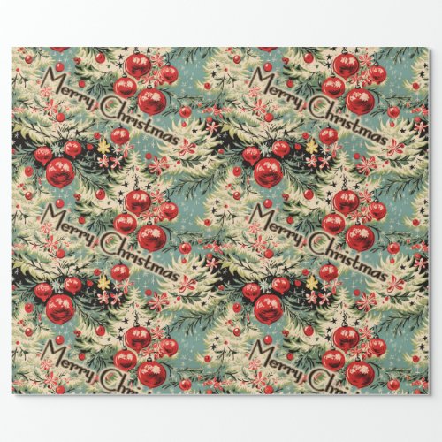 Vintage Ornaments  Christmas Florals On Soft Blue Wrapping Paper