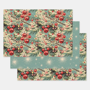 Vintage Ornaments & Christmas Florals On Soft Blue Wrapping Paper Sheets