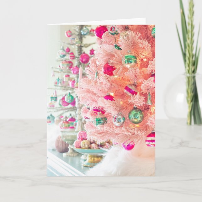 Vintage Ornaments Pink Christmas Tree Folded Card (Front)