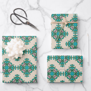 Vintage Ornate Art Nouveau Tile Pattern Green Blue Wrapping Paper Sheets
