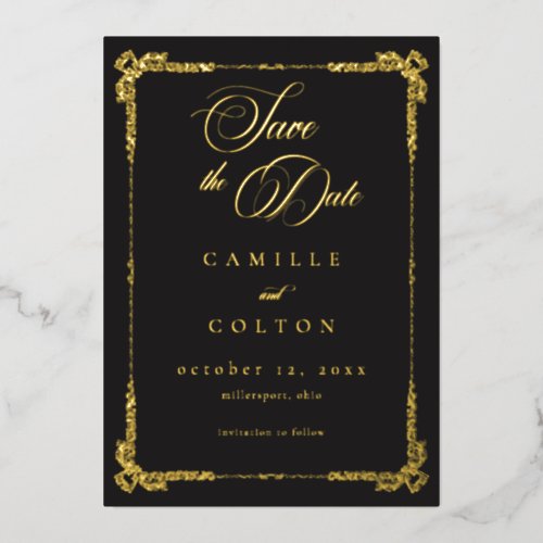 Vintage Ornate Black Gold Scroll Gothic Save Date Foil Invitation