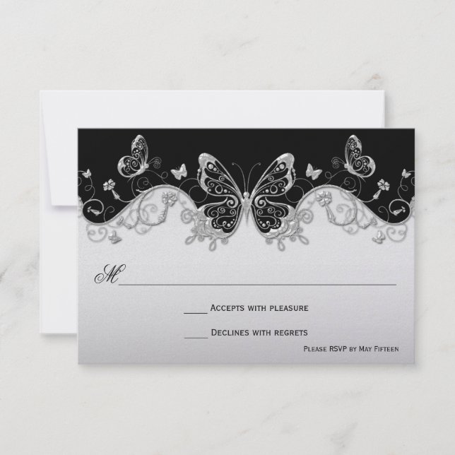 Vintage Ornate Black Silver Butterfly Swirls RSVP (Front)