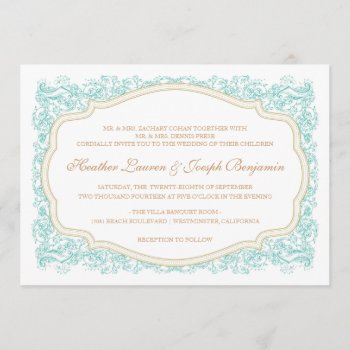 Vintage Ornate Blue & Gold Wedding Invitation by envelopmentswedding at Zazzle