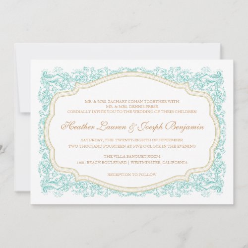 Vintage Ornate Blue &amp; Gold Wedding Invitation