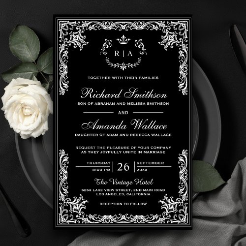 Vintage Ornate Budget Black Wedding Invitation