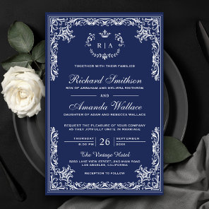 Vintage Ornate Budget Navy Blue Wedding Invitation