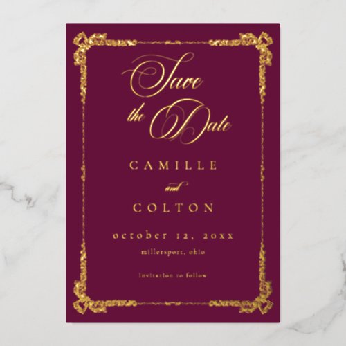 Vintage Ornate Burgundy Gold Gothic Save Date Foil Invitation