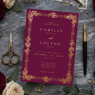 Vintage Ornate Burgundy Gold Scroll Gothic Wedding Foil Invitation