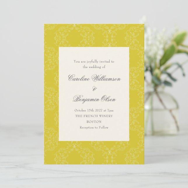 Vintage Ornate Damask Yellow Elegant Wedding Invitation (Standing Front)