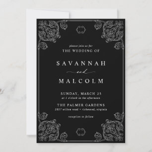 Vintage Ornate Frame Elegant Moody Black Wedding Invitation