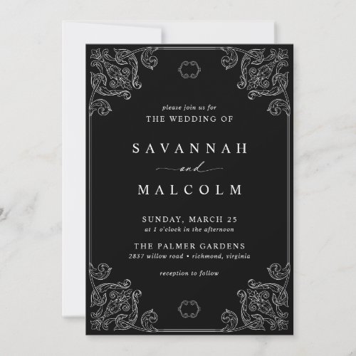 Vintage Ornate Frame  Elegant Moody Black Wedding Invitation
