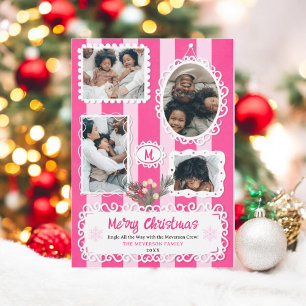 Vintage ornate frames Pink Christmas 5 photos Holiday Card