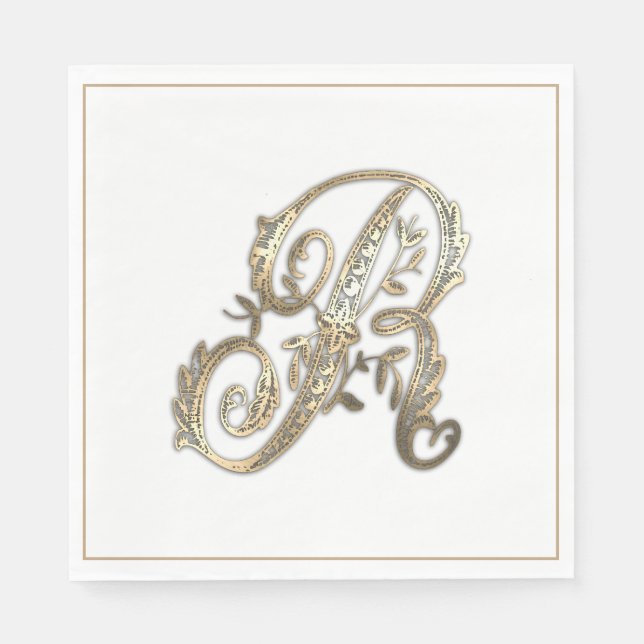 Vintage Ornate Gold Monogram R Napkins (Front)