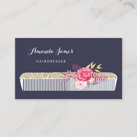 Vintage Ornate Hairdresser Comb With Pink Floral Business Card