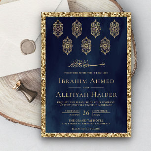 Vintage Ornate Lanterns Blue Gold Muslim Wedding Invitation
