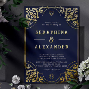 Vintage Ornate Navy Blue and Gold Wedding Real Foil Invitation
