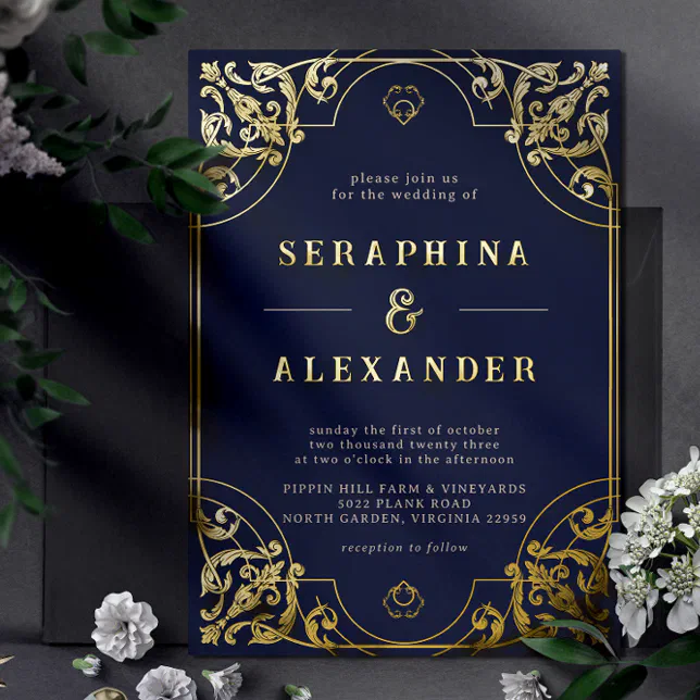 Vintage Ornate | Navy Blue and Gold Wedding Real Foil Invitation | Zazzle