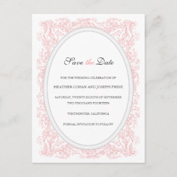 Vintage Ornate Pink & Gray Save The Date Announcement Postcard by envelopmentswedding at Zazzle