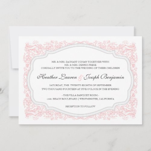 Vintage Ornate Pink  Gray Wedding Invitation